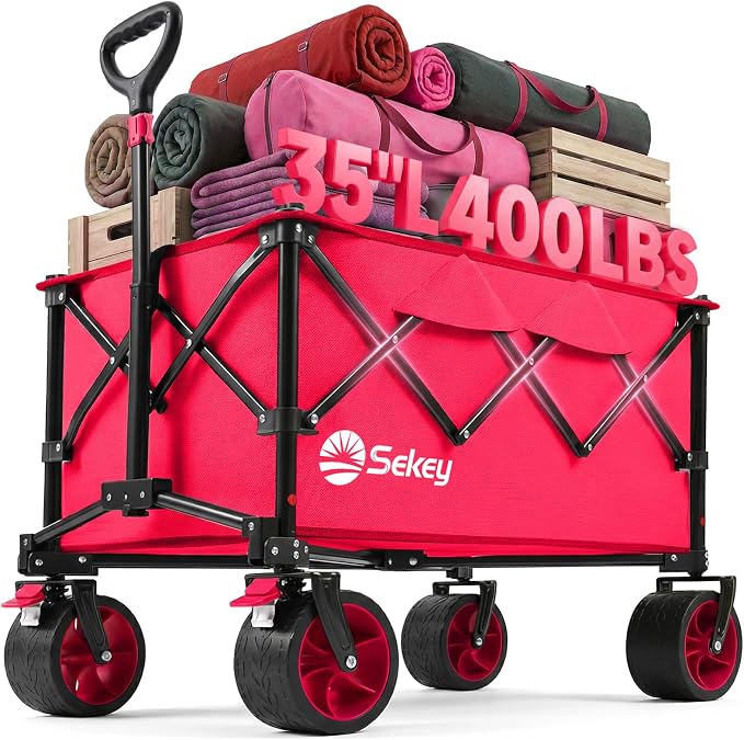 Sekey 250L Wagons Carts Foldable with Big All-Terrian Beach Wheels, Collapsible Heavy Duty Wagon, Extra Large Folding Wagon,Foldable Wagon for Camping, Garden, Sports. Pink