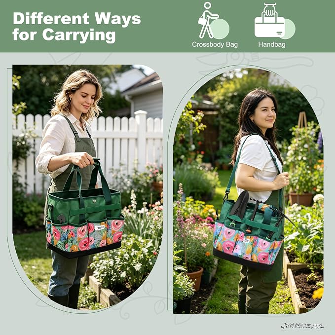 JLDTOP Garden Tool Bag with Hard Bottom, Multi-Pockets Gardening Tote with Shoulder Strap, for Women Outdoor Yard Plant Work Gift (Tools Not Included) (Green Floral)