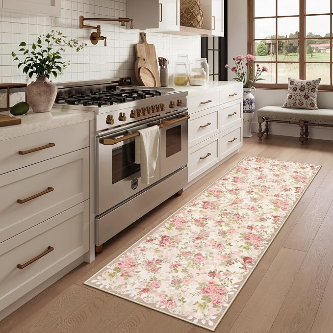 Lahome Floral Pink Bathroom Rug Runners for Hallways Non Slip, 2x6 Washable Kitchen Runner Rug, Soft Boho Throw Carpet for Girls Bedside Bedroom Laundry Nina Beige/Pink/Multi