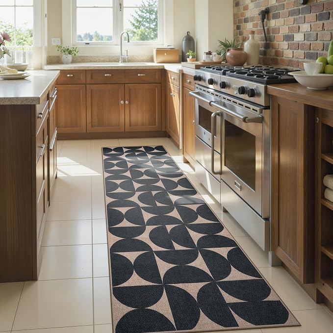 Lahome Semi Circle Easy Jute Black Runner Rug, 2x8 Washable Kithcen Runner | 8ft Non Slip Stain Resistant Non Shedding Indoor Outdoor Carpet for Entryway Hallway