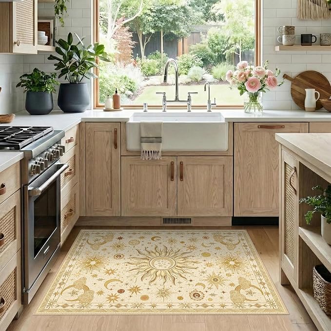 Vacuum-Friendly, 2x3 Washable Area Rug, Beige Camel Brown | Sun and Moon Boho Gothic Non-Slip Low Pile Living Roon Bedroom Dining Room Kitchen Entry Entryway Entrance Hallway Doormat