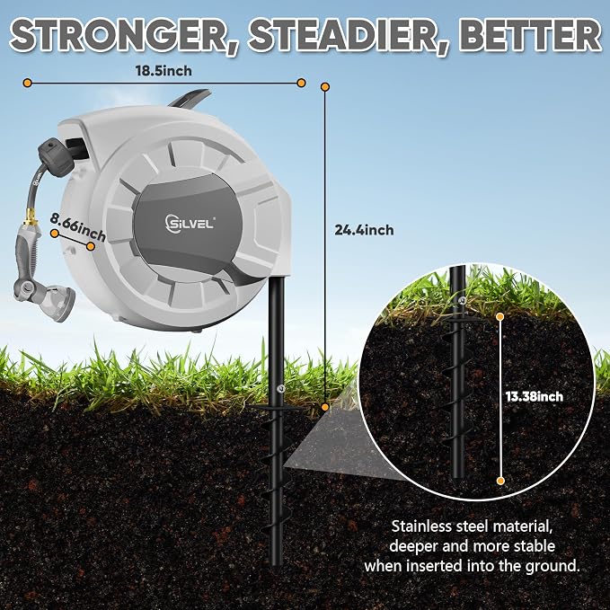 SILVEL Automatic Retractable Garden Hose Reel on Metal Spike, 1/2 in x 90FT Ground Mounted Outside, UV Resistant with 10 Pattern Nozzle, 360° Swivel, No Holes in Your House, Easy Installation