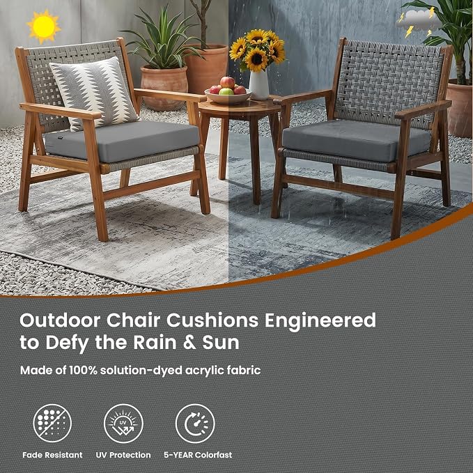 Favoyard Patio Chair Square Cushions Set of 2, Grey, 24 x 24 x 4 inches | 5-Year Fade-resistant & Water-resistant Memory Foam Pad with Removable Cover & Ties for Outdoor Furniture Dining Chairs Seat