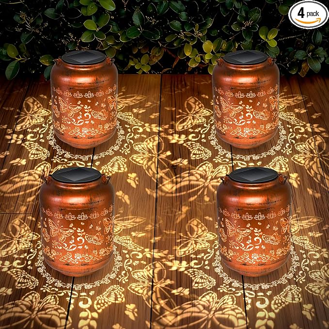 4Pack Butterfly Solar Lanterns Outdoor Waterproof Garden Decor Birthday Gifts for Women Metal Hanging Solar Lights for Yard Patio Lawn Backyard Butterfly Christmas Gardening Gifts for Mom Grandma