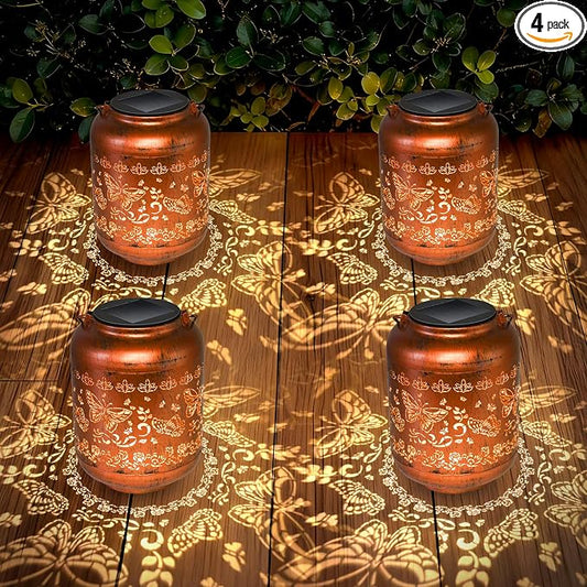 4Pack Butterfly Solar Lanterns Outdoor Waterproof Garden Decor Birthday Gifts for Women Metal Hanging Solar Lights for Yard Patio Lawn Backyard Butterfly Christmas Gardening Gifts for Mom Grandma
