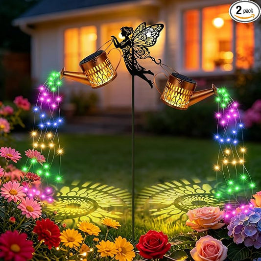 2 Pack Solar Watering Can Lights, Fairy Solar Garden Lights Outdoor Decoration, Waterproof Hanging Lantern Landscape Light for Yard Patio Lawn, Gardening Gifts for Mom Grandma (Multicolor)