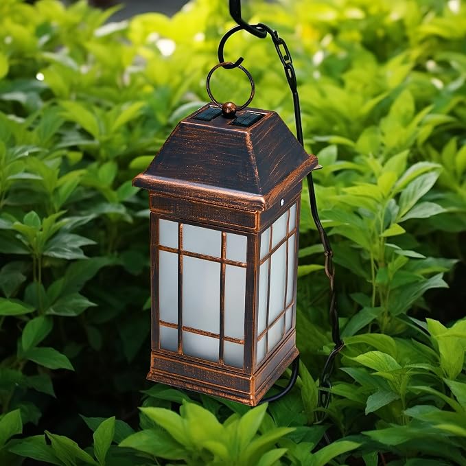 15.5" Solar Lantern Outdoor Waterproof, Glass Flickering Flame Solar Lanterns, Hanging Metal Lantern Decorative for Patio Front Porch Garden Backyard Tabletop Party Decoration