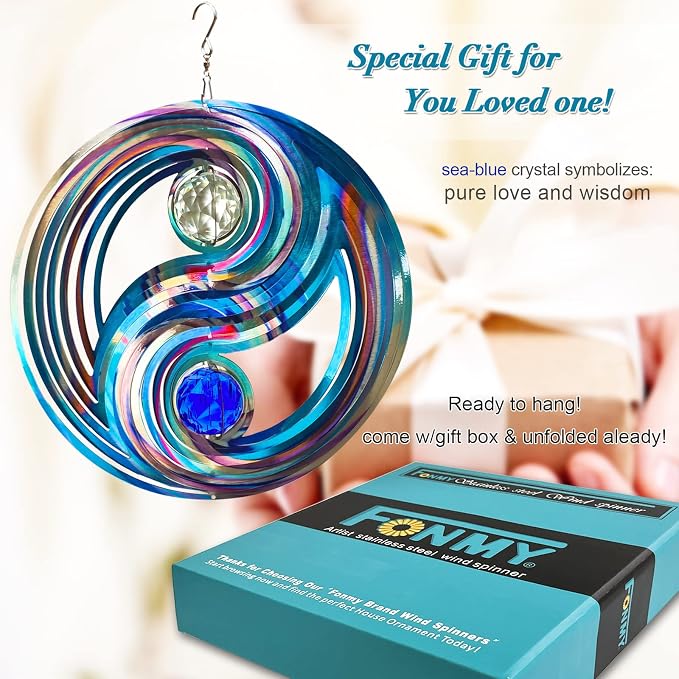 FONMY Mandala Wind Spinner w/Crystal Ball-Fengshui 3D Stainless Steel Hanging Spinners Worth Gift Christmas Decoration Indoor/Outdoor Garden Décor Kinetic Yard Art 12 Inches Wind Sculpture