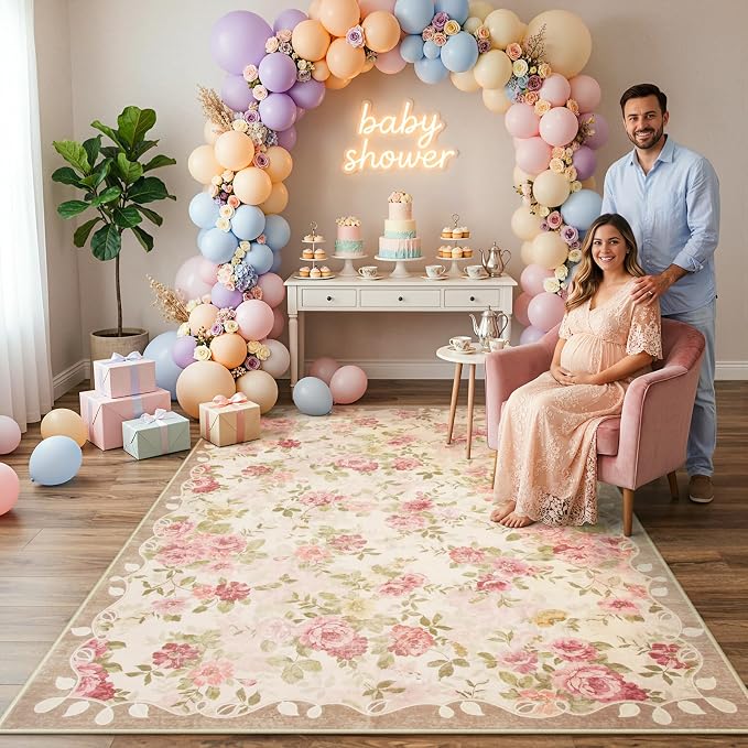 Lahome Floral Washable Rugs 5x7,Rugs for Living Room Pink Area Rug,Vintage Rugs for Bedroom Girls Non Slip Low Pile Ultra-Thin Large Carpet for Office Dining Room,Kids Playroom Nina (5'X7',Beige)
