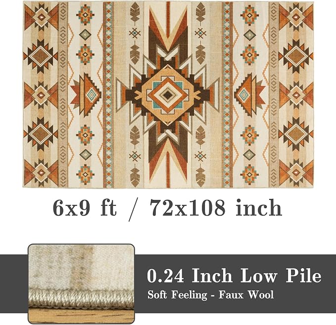 6x9 Western Rustic Aztec Area Rug for Living Room Bedroom Dining Room Beige | Southwestern Tribal Beige Low Pile Faux Wool Rug, Machine Washable Non-Slip Carpet for Living Room Dining Bedroom