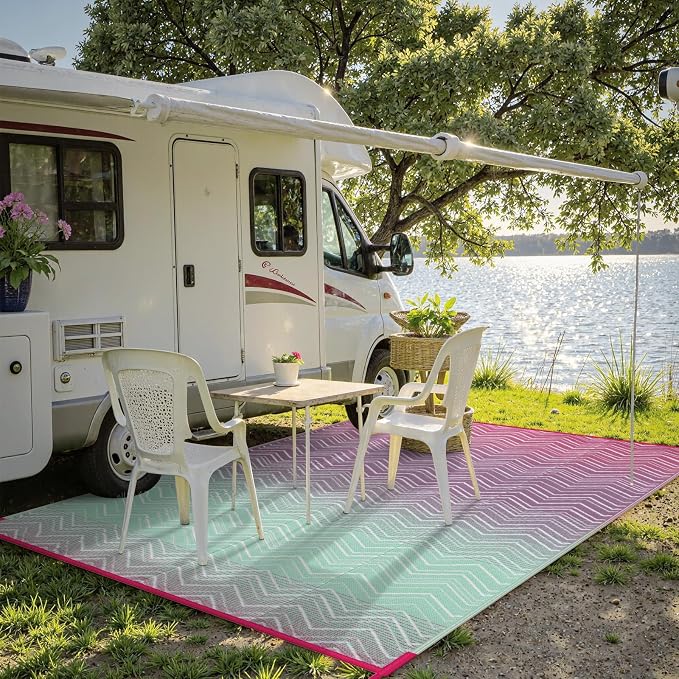 Lahome Outdoor Rugs 8x10 Waterproof, Reversible Plastic Large Outdoor Rug for Patios, Outside RV Mat Carpet for Patio Deck Porch Backyard Balcony Picnic Trailer(Purple/Blue, 8' x 10')