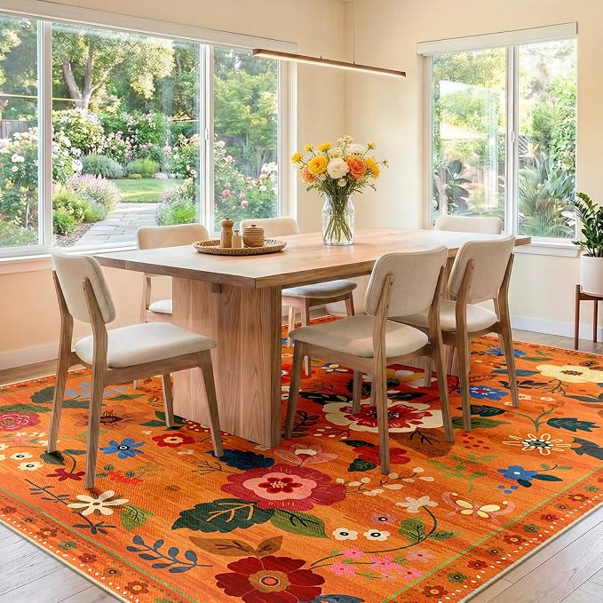 RELEANY Floral Washable 8x10 Area Rugs BurntOrange | Flower Carpet, Print, Boho, Non-Slip, Easy to Clean, Soft, Low Pile for Living Room Bedroom Kitchen Office Entryway Hallway