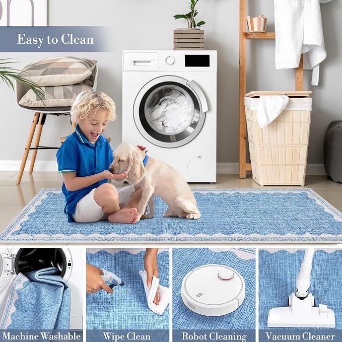 Garvee Washable Hallway Runner Rug 2x6 Runner Rug Bordered Wave Print Blue | Non Slip Entryway Rugs Foldable Non-Shedding Carpet Low Pile Stain-Resistant Indoor Soft Rugs for Laundry Kitchen Bathroom