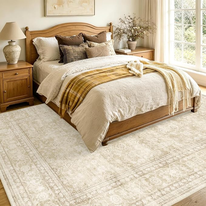 8x10 Ft Large Area Rugs for Living Room, Soft Non-Slip Machine Washable Rug, Vintage Stain Resistant Carpets for Bedroom Nursery Dining Room Home Decor (Beige)