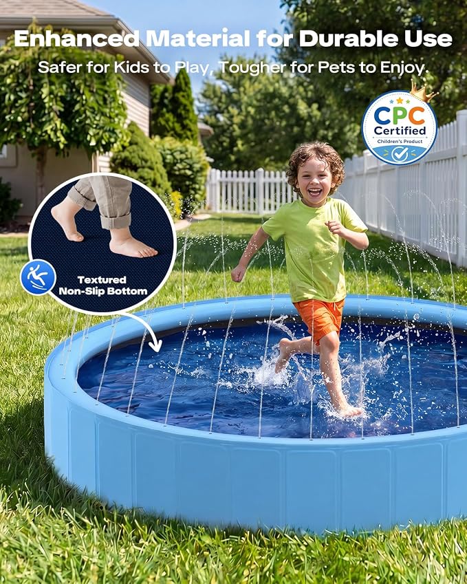 Raxurt 63" Kiddie Pool with Sprinkler, Foldable Dog Pool for Large Dogs, Non-Slip Splash Pool for Kids, Portable Pet Bathing Tub for Backyard Summer Water Play