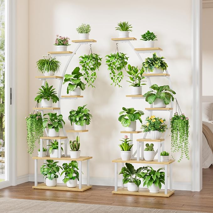 BACEKOLL Plant Stand Indoor with Grow Lights, 9 Tiered Metal Plant Shelf, 64" Tall Plant Stand for Indoor Plants Multiple, Large Plant Rack Display Shelf, Curved Plant Holder for Living Room, White