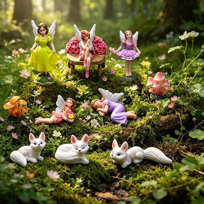 11 Pcs Mini Fairy Garden Accessories Set, Includes Resin Fairy Figurines, Cute Small Mushrooms, Benches and White Fox Statues. Perfect for Diy Miniature Landscape Decorations and Home Garden Decor