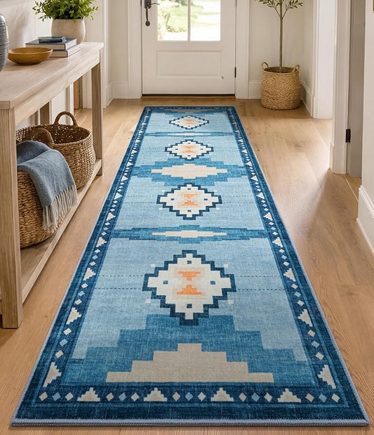 YIHOUSE 2'x6' Washable Hallway Runner Rug, Blue Aztec Coastal Runner Rug | Non-Slip, Low Pile, Soft, Mid Century Modern Geometric Design, for Entryway Kitchen Bedroom