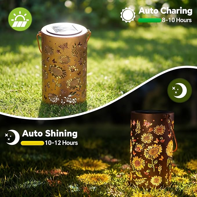 2 Pack Sunflower Solar Lanterns Outdoor Waterproof , Garden Backyard Patio Decor Gifts for Women Mom Sister Her, Grandma Hanging Solar Lights Metal Decoration Outside for Yard, Patio, Backyard, Porch
