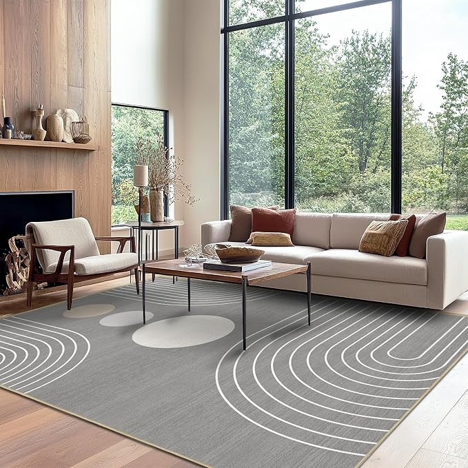 8x10 Area Rug for Living Room Boho Modern Minimalist Geometric Abstract Large Rug Grey Mid Century Modern Machine Washable Non-Slip Printed Low-Pile Indoor Floor Carpet Dining Room Bedroom Gray