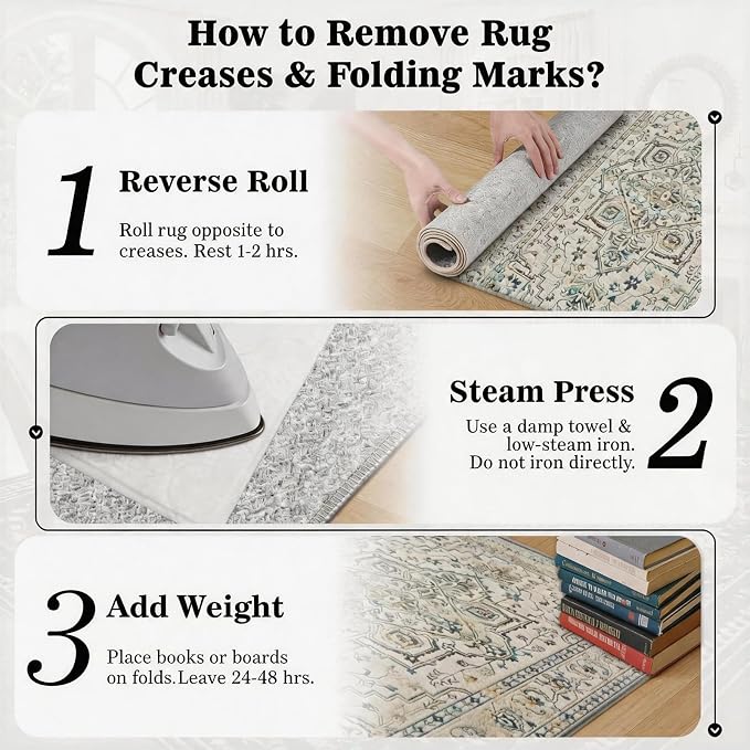 Vintage Washable Area Rug 8x10, Non-Slip Low-Pile Farmhouse Persian Carpet for Living Room Dining Room Bedroom, Stain Resistant Traditional Indoor Rug, Neutral Cream Blue