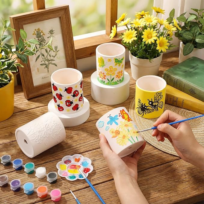 Zubebe 12 Pcs Paint Your Own Ceramic Pots Bulk Unfinished Succulent Pots Craft Kit with Drainage Hole Mini Paintable Plant Vase Ready to Paint Planter for Cactus DIY Craft (Insect)