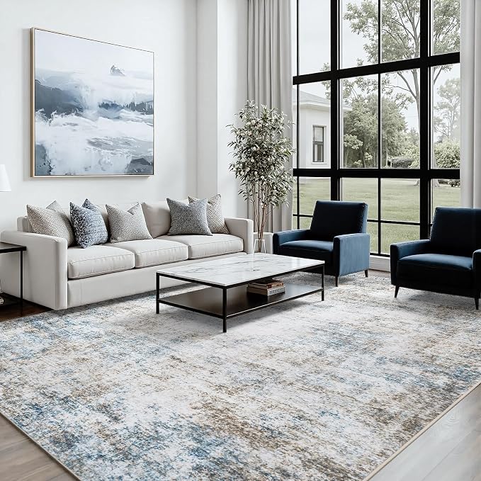 8x10 Area Rugs for Living Room: Washable Soft Brown White Abstract Carpet | Non-Slip TPE & Stain Resistant,0.25" Low-Pile,Kids Pet Friendly Modern Decor for Dining Room Farmhouse Office, Non-Shedding