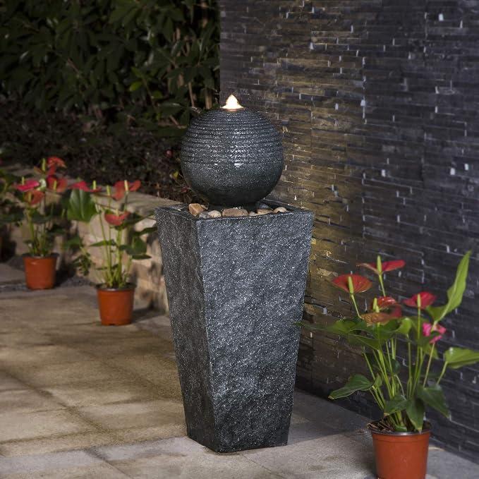 Glitzhome Water Fountain Outdoor with LED Light, Sphere Pedestal Outdoor Fountain, Modern Ball Waterfall Fountains Water Feature for Garden Patio Deck Porch, 31.7”H