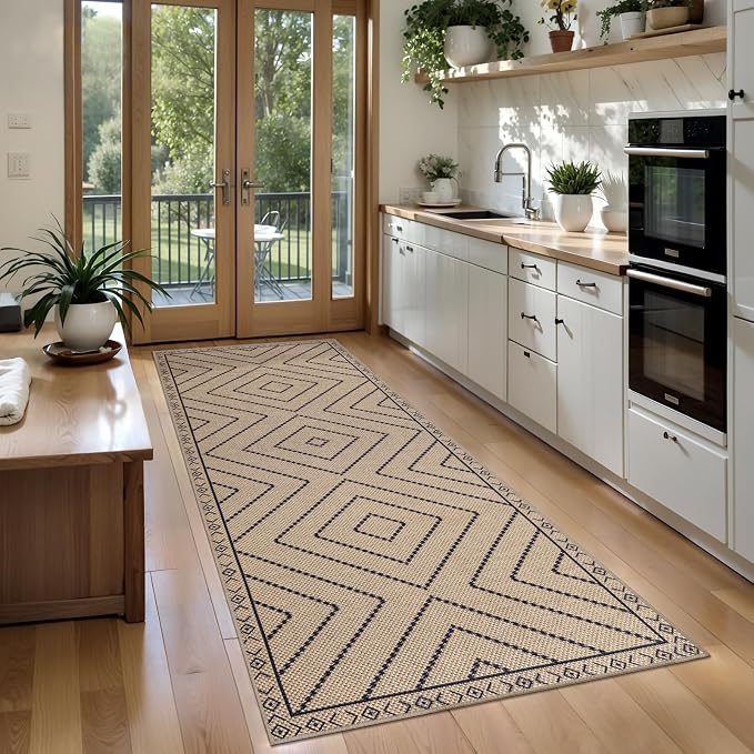 Tangsoo Easy Jute Rug 2x6 Washable Runner Rug for Hallways,Neutral Geometric Ultra Thin Indoor Carpet Runner Farmhouse Long Rnner Mat for Kitchen Entryway Laundry