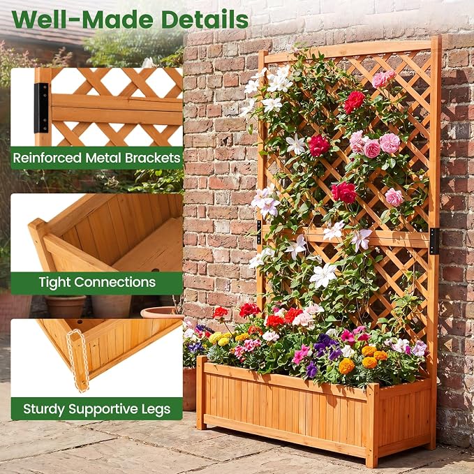 Giantex 2 Pcs Raised Garden Bed with Trellis, 71" Wooden Elevated Planter Box, High Trellis for Plant Flower Climbing Pot Hanging, Indoor & Outdoor Planter Box for Yard, Garden, Balcony