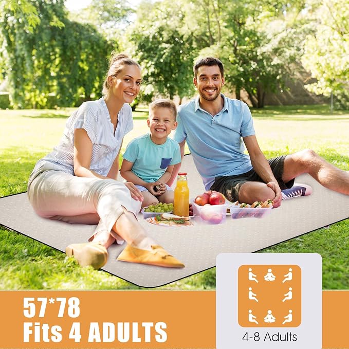 G GOOD GAIN Picnic Blanket Waterproof, Linen Feel Outdoor Blanket Extra Large - Foldable Beach Mat with Carry Strap for Camping, Park, Travel (White Flower)