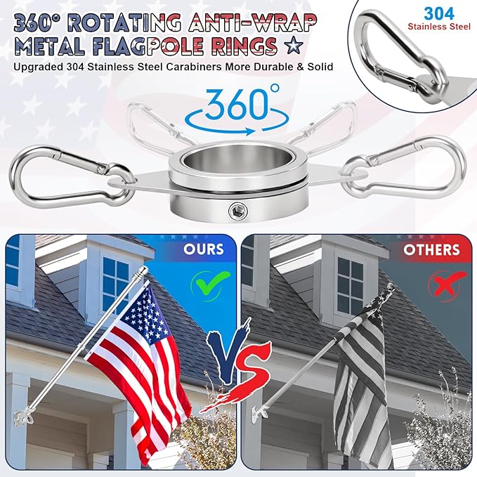Flag Pole for Outside House Porch Wall Mount, REERON 7 FT No Tangle Stainless Steel Spinning Flagpole Kit with 1" 360° Metal Flag Pole Rings Clips & 2-Position Holder for 3x5' 4x6' American Flags