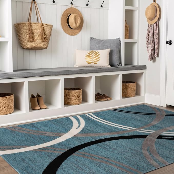 Rugshop Wavy Circles Modern Jute Backing Living Room Area Rug Blue 4' x 6' | Rectangular, Size 4' x 6', Bedroom, Dining Room, Home Office, Kitchen, Entryway, Hallway, Nursery, Kids Room, Guest Room
