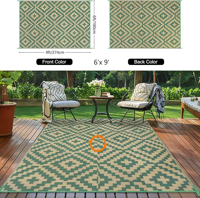 Outdoor Patio Plastic Straw Rug - 6x9 ft Outdoor Camping Rug Waterproof Reversible, Area Carpet Patios RV, Outside Porch Balcony Deck for Camper, Green & Yellow