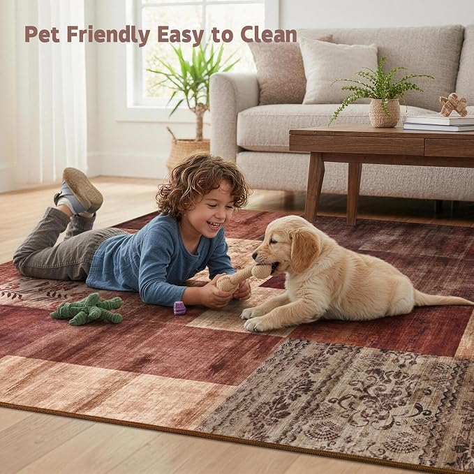 Washable Area Rugs 6x9 for Living Room, Large Modern Geometric Red Soft Patchwork Carpet, Non-Slip Stain Resistant Throw Rug for Bedroom Dining Room Office Home Decor