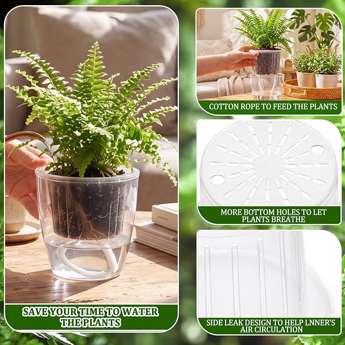 54 Pcs Self Watering Pots 4.3 Inch Plastic Flower Plant Pot with Inner Pot Self Watering Wick Planter White Clear Flower Pots for Indoor House Plants Herbs, Flowers, Succulents (Transparent)