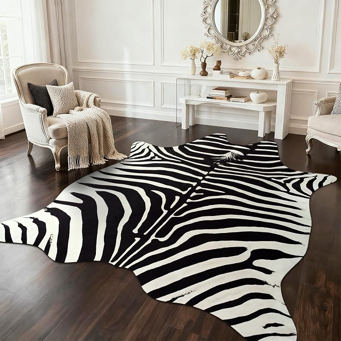 BENRON Zebra Rug, Animal Print Rug for Living Room Bedroom 4.6x5.2ft | Western Faux Zebra Print Rug, Animal Skin Carpets, Non-Slip Throw Rug for Home Decor, Black and White, Ivory