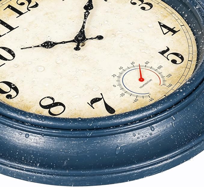 Large Outdoor Clocks Waterproof with Thermometer Combo Rustic Coastal Wall Clock Decor for Patio Pool Bathroom (18 Inch,Blue)