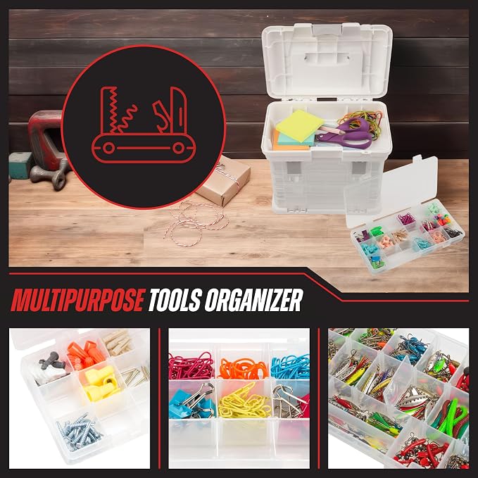 Portable Tool Box - Small Parts Organizer with Drawers and Customizable Compartments for Hardware, Fishing Tackle, Beads or Crafts by Stalwart (White)