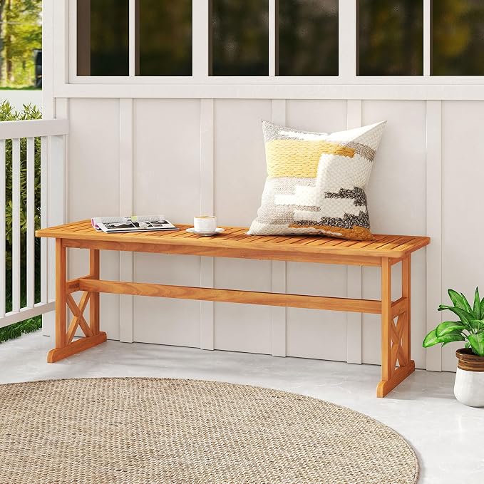 HAPPYGRILL Acacia Wood Outdoor Bench for 2-3 People, Patio Bench with Slatted Seat & X-Shaped Frame, for Porch Garden Backyard and Park (2)