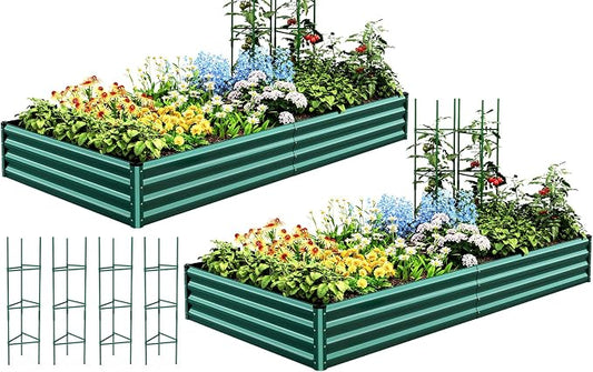 Quictent Galvanized Raised Garden Bed 8x4x1 Ft Metal Planter Box for Vegetables Bottomless for Backyard, 2 Tomato Cages Included, Green 2PCS