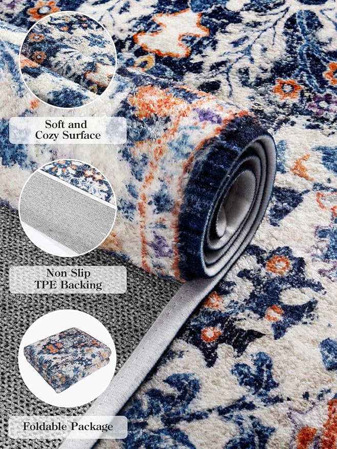 Lahome Reine 2x6 Blue Washable Hallway Runner Rug, Bohemian Floral Medallion Kitchen Carpet Runner, Soft Non Skid Floor Runners for Bathroom Bedroom Vanity Office Sunroom