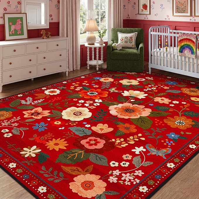 Floral Washable 6x9 Area Rugs Red/Orange | Flower Carpet, Print, Boho, Non-Slip, Easy to Clean, Soft, Low Pile for Living Room Bedroom Kitchen Office Entryway Hallway