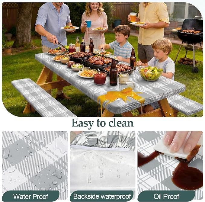 Picnic Table Cover with Bench Covers Camping Essentials Waterproof Windproof Camping Tablecloth with Drawstring Bag, Fitted Rectangle Tables and Seats, 72in, Grey Checkered