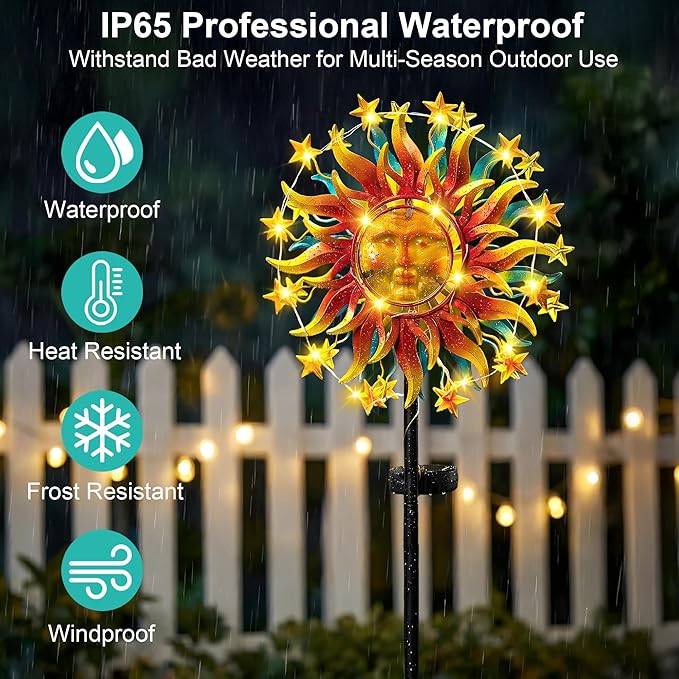 Solar Wind Spinners for Yard Garden - 60.3 Inch 360° Metal Sun Wind Sculptures Outdoor Clearance Kinetic Windmills with Vine String Shining LED Lights for Patio, Lawn Xmas Garden Decoration