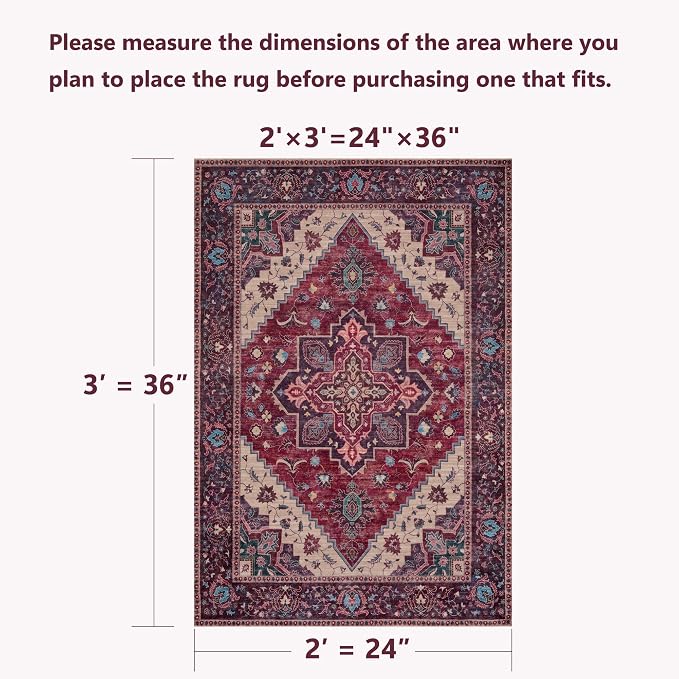 Tangsoo Oriental Small Area Rugs for Entryway, Non Slip 2x3 Washable Rug | Tangsoo Vintage Indoor Front Door Rug Mat, Soft Low Pile Print Small Carpet Throw Rugs for Entry Entrance Kitchen Burgundy