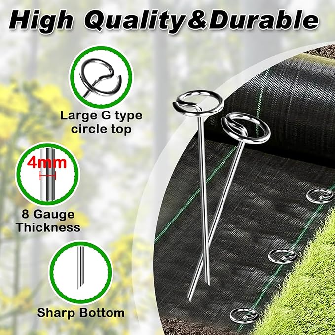FEED GARDEN Heavy Duty Landscape Fabric Pins 8 Gauge 60 Pack with Pick Hook, 6 Inch Galvanized Round Head Garden Stakes for Weed Barrier Fabric, Turf, Sod, Tent, Garden Edging & Hard Soil