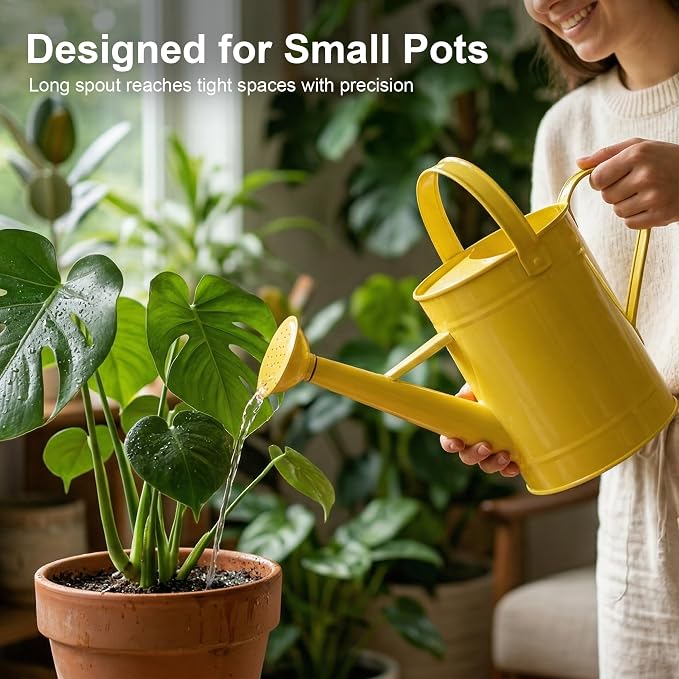 DUSVALLY Yellow Metal Watering Can for Indoor and Outdoor Plants, 55oz Decorative Garden Watering Can with Removable Sprinkler Spout, Small Farmhouse Plant Waterer for Houseplants, Patio, Flowers