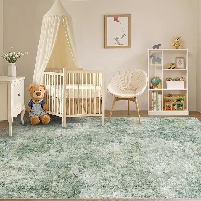 Tortania Washable 7x9 Area Rug for Living Room: Modern Abstract Neutral Large Soft Thin Rugs - Non Slip Indoor Carpet for Bedroom Dining Room Office Nursery Home Floor Decoration - Olive Green