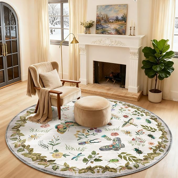 Washable Round Rugs for Bedroom 4ft: Living Room Rug Stain Resistant Non Slip Low Pile Ultra Soft Faux Wool Small Circle Rugs for Entryway Kitchen Bathroom Nursery Dorm Home Office Entrance Indoor